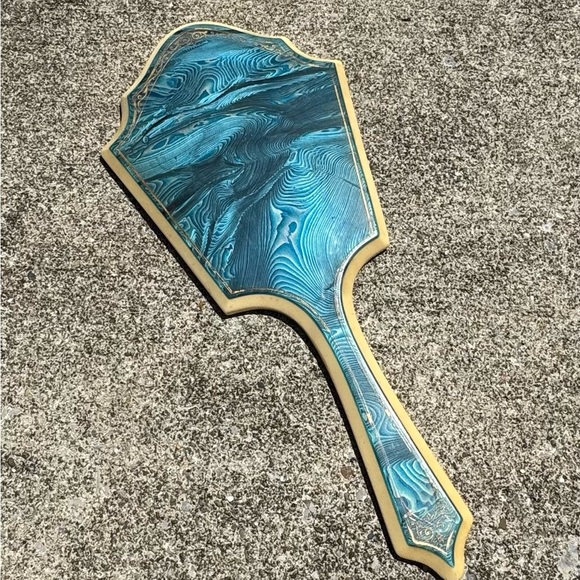 Hand Mirror, Ivory Colored Celluloid, Beveled, Blue Swirl Design, c. 1920s - Picture 1 of 7